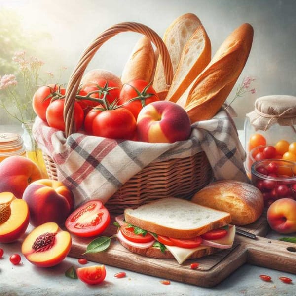 A photo of a picnic basket overflowing with colorful fruits (tomatoes, peaches, nectarines) and a long loaf of bread.