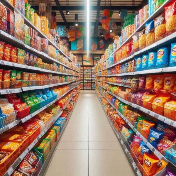A supermarket aisle filled with packaged snacks and instant meals in bright colors and plastic containers.