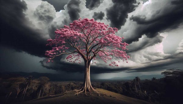 A tall Tabebuia Rosea tree with a thick trunk stands firm against a stormy sky.