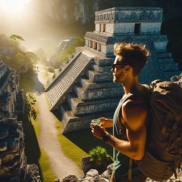 Traveler exploring the awe-inspiring Tulum Mayan ruins bathed in sunlight.