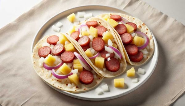 A white plate with three corn tortillas filled with sliced longaniza sausage, chopped pineapple, and white onions.