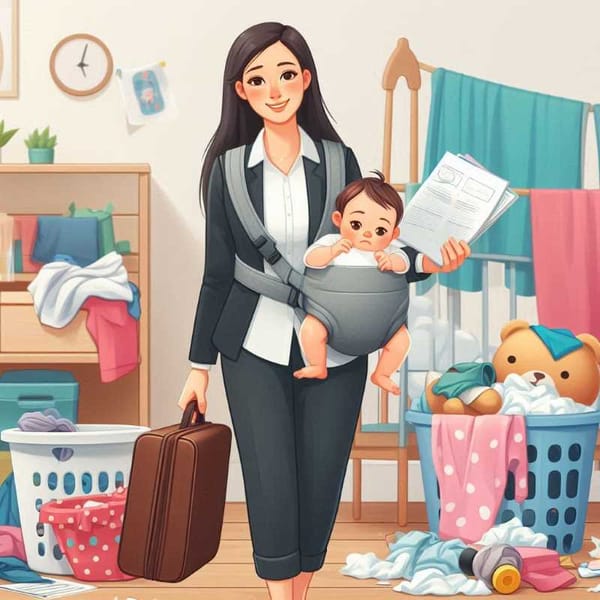 A woman holding a briefcase and a baby carrier, with laundry piles and toys scattered around her.