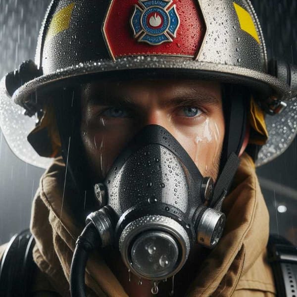 Close-up image of a firefighter's helmet with a badge. Water droplets are visible on the helmet.