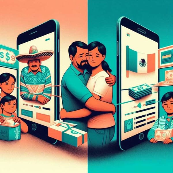 A split image with one side showing a family embracing and the other side showcasing money being sent electronically.