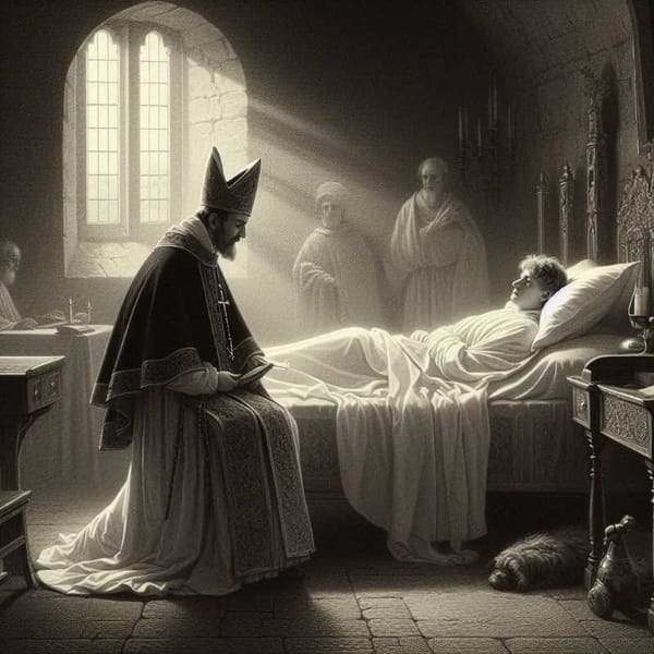 A priest in religious garb kneeling beside a bed in a dimly lit room. A figure lies in bed, possibly ill.