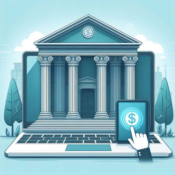 Illustration of a classic bank building with tall columns contrasted with a modern laptop depicting a FinTech app.