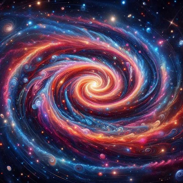 Illustration of a colorful spiral galaxy, representing the complexity of galaxy formation.
