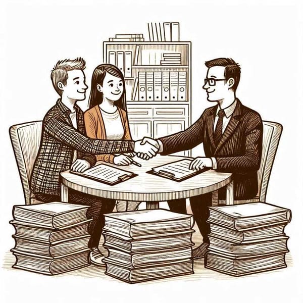 Illustration of a couple with legal documents, symbolizing the simplified pension claim process.