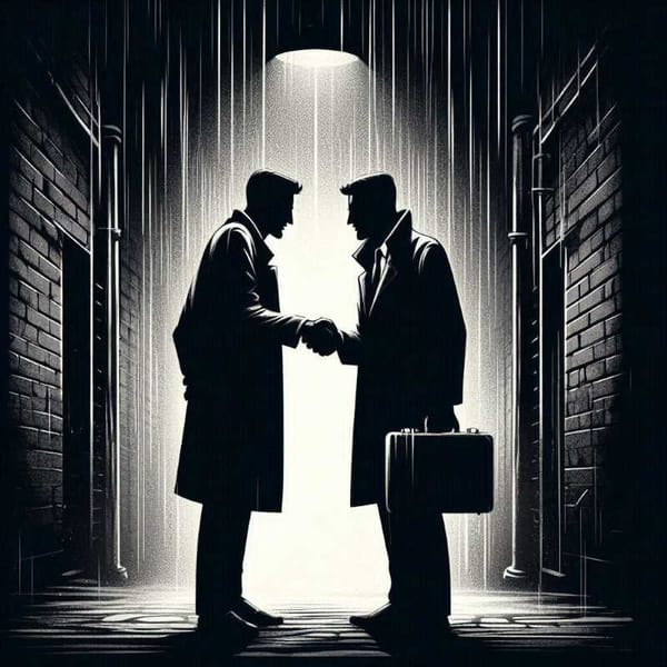 Illustration of two shadowy figures shaking hands in a dark alley, representing the clandestine activities of the DFS.