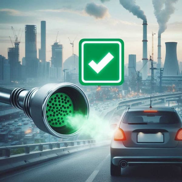 Image of a car with a green exhaust pipe and a checkmark. Background shows a polluted cityscape.