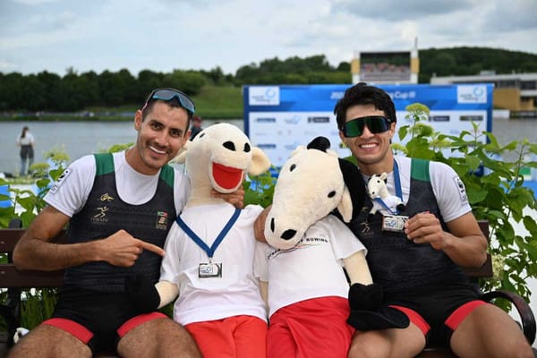 Mexico's Alexis López and Miguel Carballo celebrate their silver medal win at the World Rowing Cup in Poland.