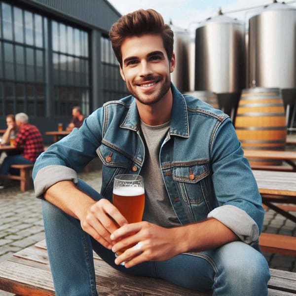 Person sitting on a brewery patio, holding a glass of fruit beer and smiling.