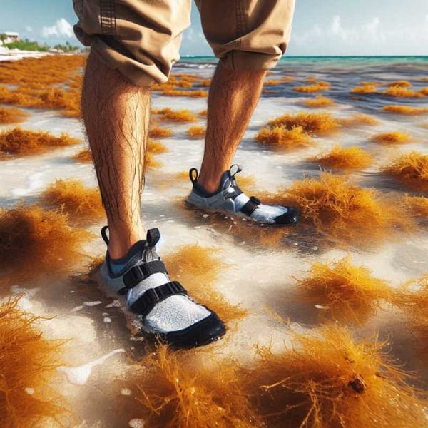 Person wearing water shoes walking on a beach with sargassum seaweed.
