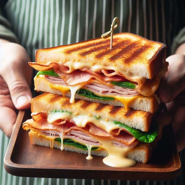 Photo of a hand holding a half-grilled classic club sandwich with melted cheese oozing from the layers.