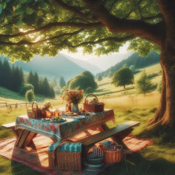 Picnic table under a shady tree with a colorful tablecloth and picnic baskets.