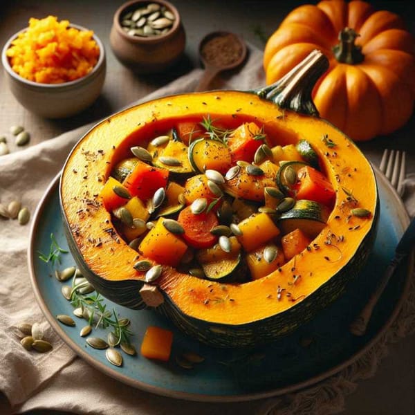 Plate of K'uum with a scooped-out pumpkin filled with sauteed vegetables and a sprinkle of toasted pumpkin seeds.