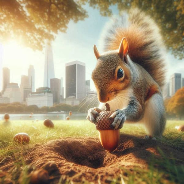 Squirrel burying acorn in park with city skyline in background.