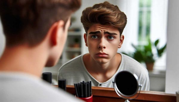 A young person looking in the mirror with a worried expression.