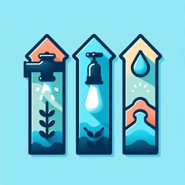 Three colorful arrows pointing to silhouettes of a faucet, a river, and a drop of water.