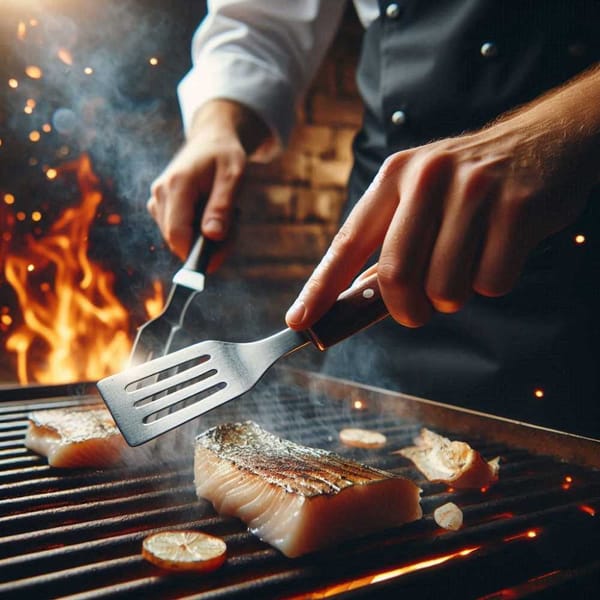 A photo of a person using a metal spatula to carefully flip a piece of fish on a hot grill.