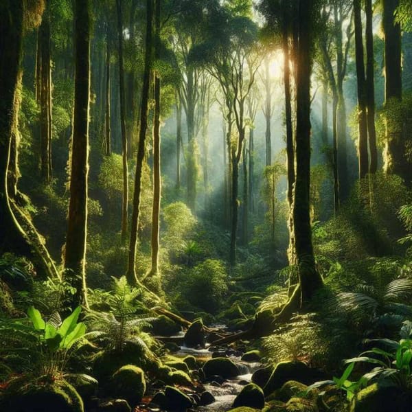 A dense rainforest with tall trees, sunlight dappling the forest floor and lush green foliage.
