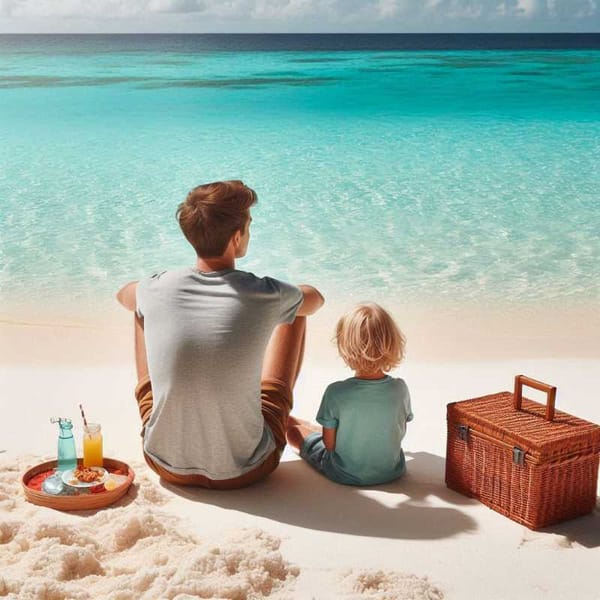A father and child relaxing on a secluded beach with a picnic basket beside them.