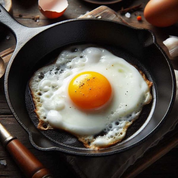  Image of a fried egg in a cast iron skillet with crispy white edges and a runny yellow yolk.