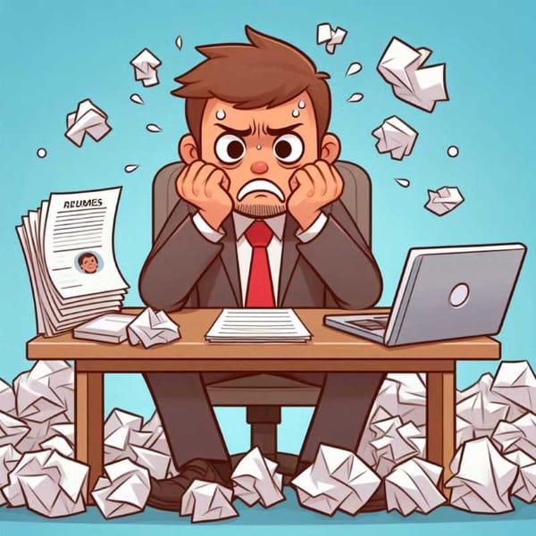 A cartoon image of a person sitting at a desk with a frustrated expression, surrounded by crumpled resumes.