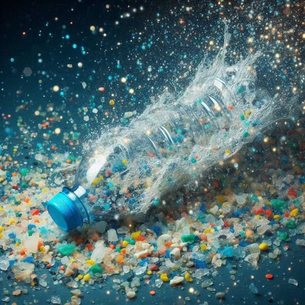 A close-up of a plastic water bottle breaking down into tiny microplastics.