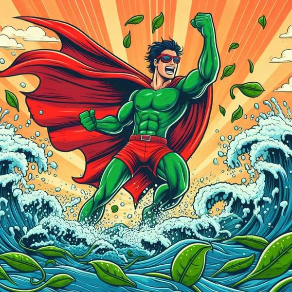 Illustration of a superhero wearing a beach scene cape, battling a wave of seaweed.