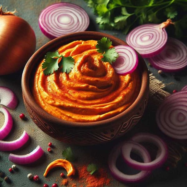 Close-up photo of a clay bowl filled with orange Sikil P'aak dip garnished with red onion and cilantro.