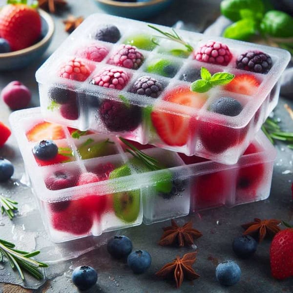 Photo of two ice cube trays filled with colorful frozen berries and green herbs suspended in clear ice cubes.