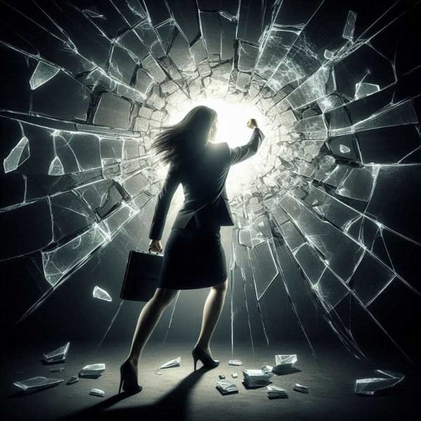 A photorealistic image of a woman in a business suit punching through a glass ceiling with cracks radiating outwards.