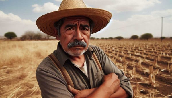 A farmer with a concerned expression stands in a dry field, highlighting the impact of desertification on agriculture.