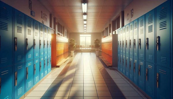 A brightly lit school hallway with empty lockers, highlighting the absence of students.