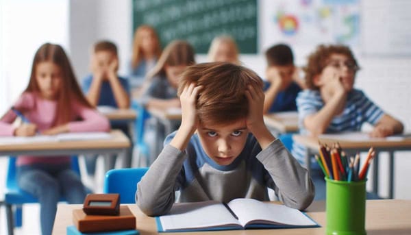 A child struggling to focus in a classroom setting due to uncontrollable tics and distractions.
