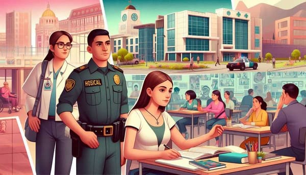 A collage showing a hospital, a police officer, and a student at a desk.