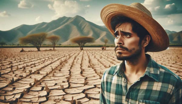 A Latino farmer with a straw hat stands in a dry field with cracked earth.