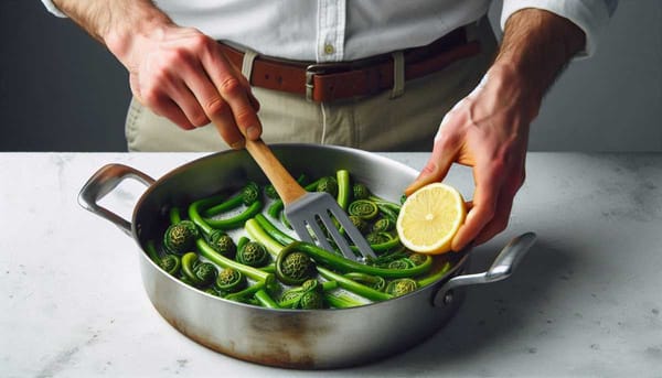 A hand holding a spatula over a stainless steel pan. The pan contains green fiddleheads being cooked in butter.