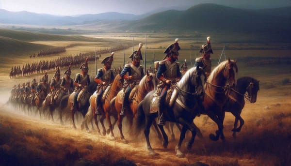 A line of Spanish soldiers in military uniforms on horseback, riding through a field.