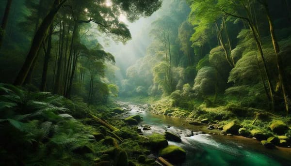 A lush green forest with a river flowing through it.