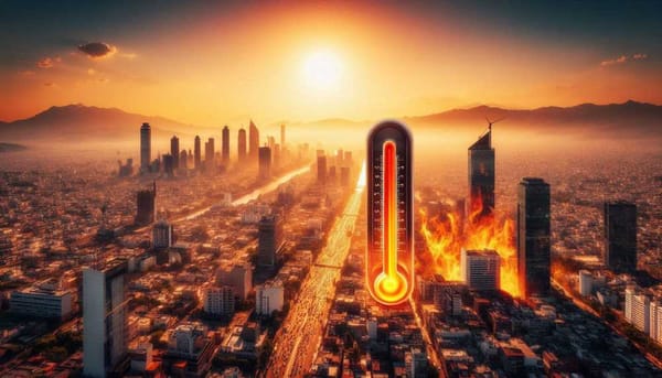 Photomontage of a city skyline with a thermometer showing high temperatures.