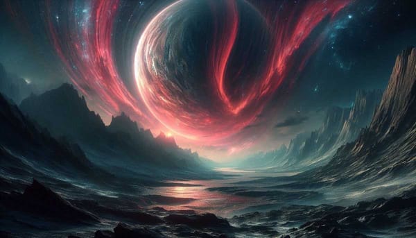 An artist's rendition of a rocky planet with a swirling red aurora across its sky.