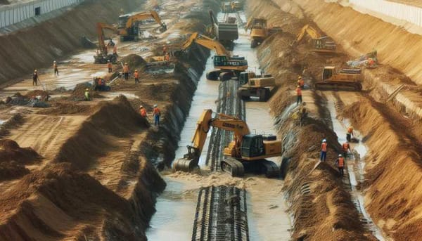 Heavy machinery and workers constructing a wide canal or waterway with dirt piles and equipment.