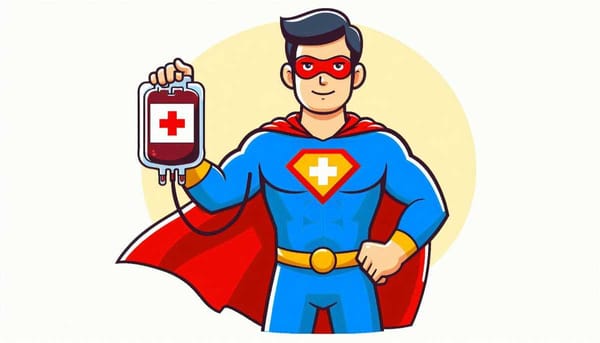 Person holding a blood donation bag with a superhero symbol.