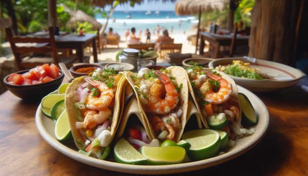 Plate of fresh seafood tacos at an outdoor cafe in Sayulita.