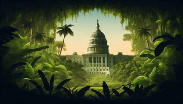 A silhouette of the U.S. Capitol building stands in front of a lush green jungle.