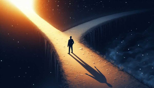 A lone figure stands at a fork in the road, one path leading towards a bright light.