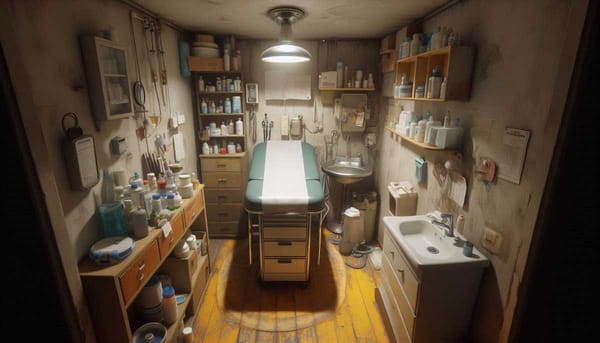 Photo of a small, cluttered room with a medical examination table, sink, and basic medical supplies.