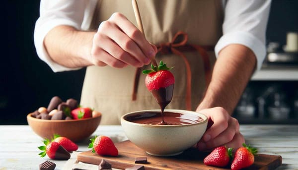 Photo of a baker's hand holding a strawberry and dipping it into a bowl of melted chocolate.